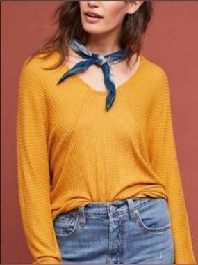 Anthropologie Pure + Good gold yellow thermal waffle long sleeve top Large